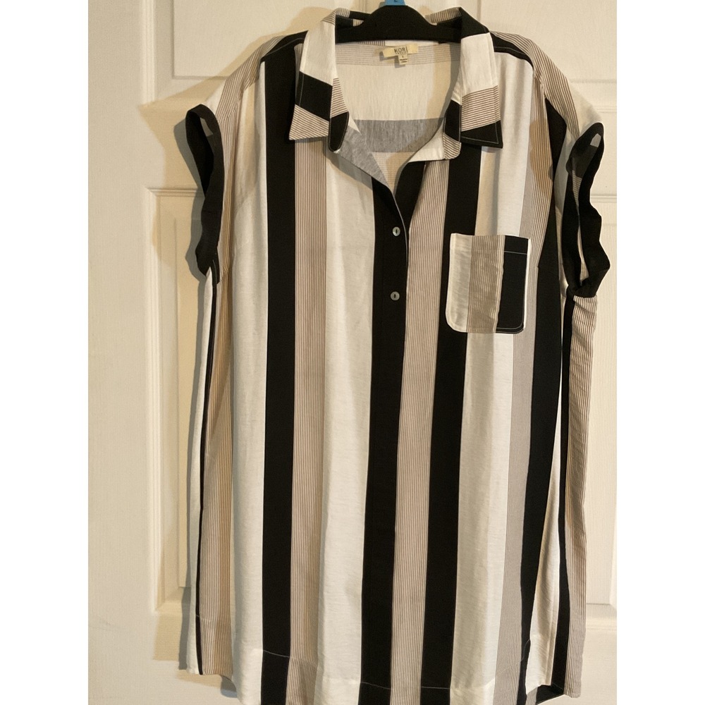 Kori America Vertical Striped Sleeveless Tunic Top Black White Tan‎ Large HE274